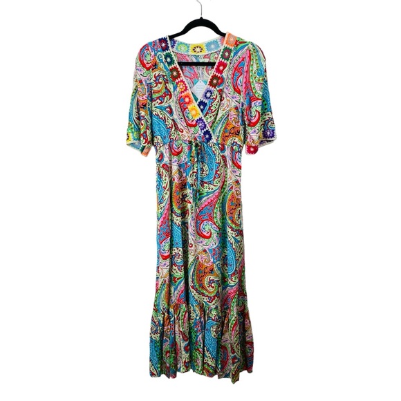 Daenery Maxi‎ Dress Womens Med Rainbow Short Sleeve Embroidered New VNeck Floral - Picture 2 of 9